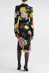bernice rose print shirt midi dress in black