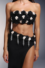 black High Slit Tassels 3d Flowers Strapless Maxi Set