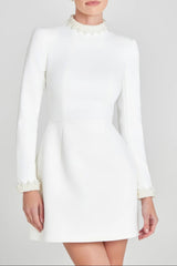 Beaded cuffs long sleeve mini dress in white