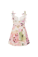Lace-trimmed V-neck floral print mini dress - pink