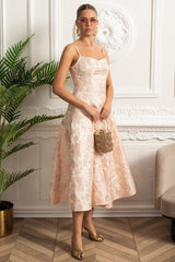 lauren Jacquard Midi Dress with Floral Motif - Blush Pink
