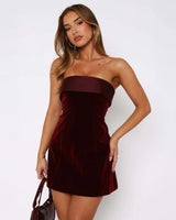 maud Velvet Strapless bodycon Mini Dress in wine