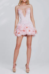 Tube Top deep V-neck pearl bodycon mini dress in pink