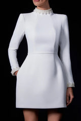 Beaded cuffs long sleeve mini dress in white