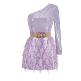 ONE-SHOULDER FEATHER SEQUINS MINI DRESS