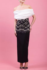 teresa beading rhinestone strapless midi dress in black