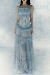 hermosa Lace splicing layer maxi dress in blue