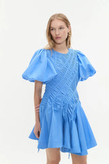 eudora Asymmetric pleated puff sleeve mini dress in mist blue