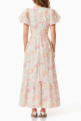 V-neck puff sleeves floral maxi dress in pink
