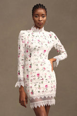 sebastiane Lace-trim long-sleeve floral midi dress in white