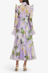 winni Lily Blossom Print Lilac Butterfly Sleeve Midi Dress