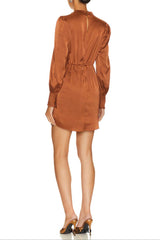 Stand collar with irregular pleats mini dress in brown