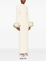 rachel white ruffled crystal-embellished crepe mock-neck gown
