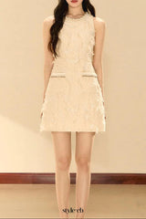 pandora Feathery Sleeveless A-line mini Dress in beige