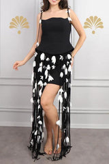 hilary black flower tassel strapless mini dress