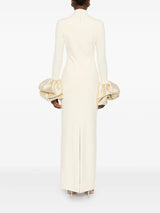 rachel white ruffled crystal-embellished crepe mock-neck gown