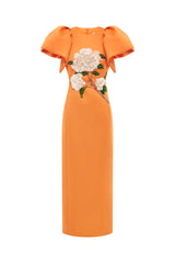 edwina Embellished Maxi Dress Hydrangea Print in Tangerine