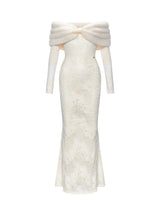 julia Off-Shoulder Fur Collar Long Sleeve lace maxi dress in white