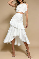 nina Ruffled strapless top floral embroidered mermaid skirt set - white