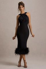 jenny Black Twist-Neck Feather Hem Midi Dress