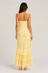 Irregular ruffled lace patchwork high slit slip maxi dress - yellow