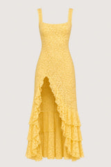 Irregular ruffled lace patchwork high slit slip maxi dress - yellow