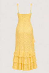 Irregular ruffled lace patchwork high slit slip maxi dress - yellow