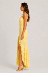 Irregular ruffled lace patchwork high slit slip maxi dress - yellow