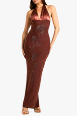 Beaded Floral Satin Halter maxi Dress in brown