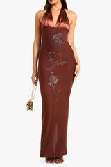 Beaded Floral Satin Halter maxi Dress in brown