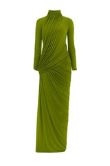 liz High Neck Asymmetric Drape ruched Maxi Dress in green