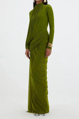 liz High Neck Asymmetric Drape ruched Maxi Dress in green