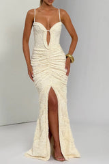 slit pleated bodycon maxi dress in kahki