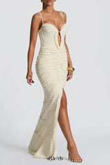 slit pleated bodycon maxi dress in kahki