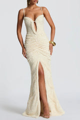 slit pleated bodycon maxi dress in kahki