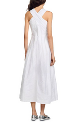 High crossover V-neck pleated maxi dress in white