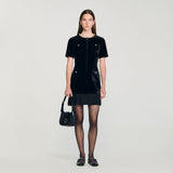 Pearl-trimmed collar zipper velvet pleated dress in black