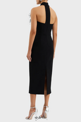 beatrice flower rhinestone feather halter Midi Dress in Black