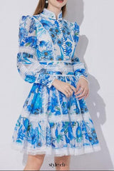sabrina Lace-paneled printed lantern sleeves mini dress in blue