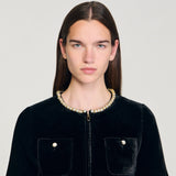 Pearl-trimmed collar zipper velvet pleated dress in black