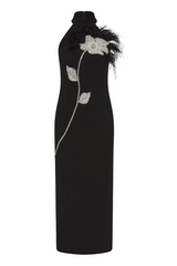 beatrice flower rhinestone feather halter Midi Dress in Black