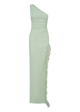 one-shoulder slit ruffle trim Maxi Dress in Sage green