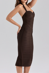 chocolate halter bodycon midi bandage dress