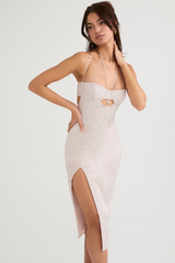 apricot crystal satin lace cutout midi dress