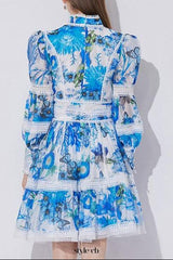 sabrina Lace-paneled printed lantern sleeves mini dress in blue
