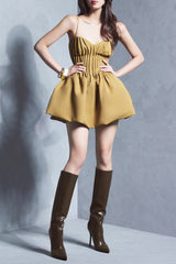 rita pleated slim puffy mini dress in camel