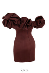 burgundy satin ruffle strapless mini dress