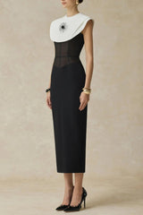 bernice black sleeveless Midi Dress With White Cape