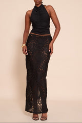 Black Textured Floral Lace Maxi Skirt