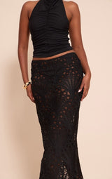 Black Textured Floral Lace Maxi Skirt